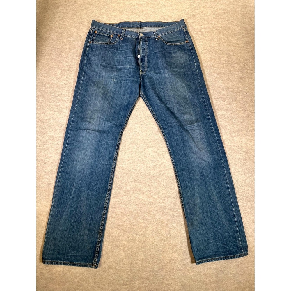 Levis 501 Straight Leg Jeans Mens 38x34 Blue Whiskering Denim Cotton Button Fly